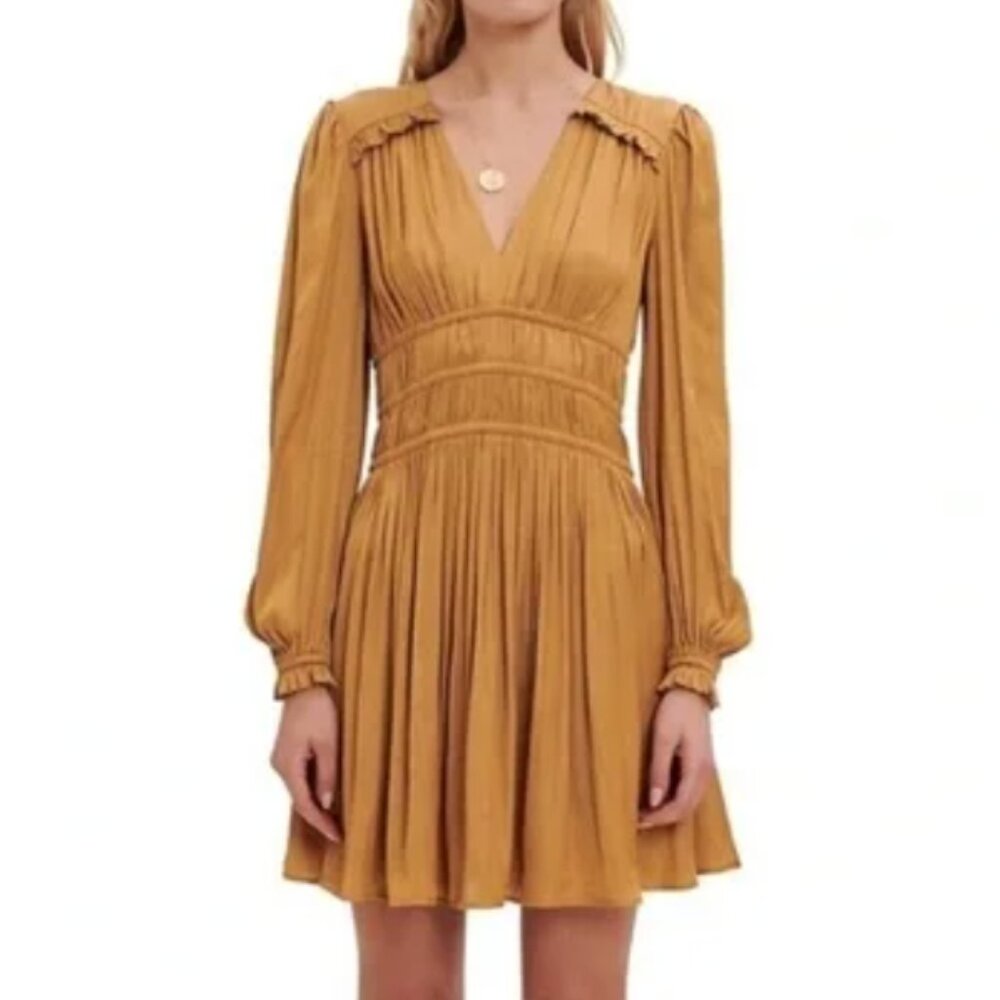 Maje Rianne Ruched Satin Mini Dress in Gold (8)